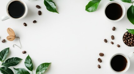 Coffee Cups Surrounded by Green Leaves and Coffee Beans on Light Background