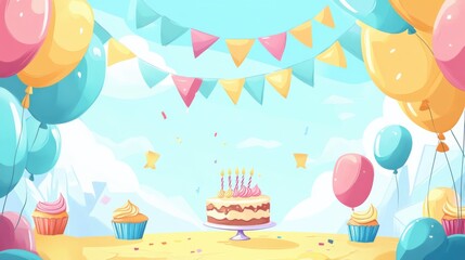 Colorful Festive Background with Cake and Balloons for Celebration and Party Theme