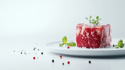 Fresh Raw Beef Cut on Plate Garnished with Herbs and Spices Against White Background