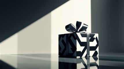 Stylish Black and White Gift Box with Bow in Dramatic Light and Shadow Play