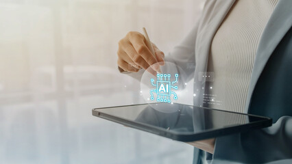 Creating a data set for AI generated to follow human-input instructions, Using artificial intelligence technology or AI comes into use in business, Artificial intelligence and AI technology concept.