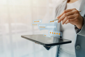 Individuals with hologram reviews of products and services, writing reviews of products and services after use on the comment box to build credibility for the store, rating stars based on satisfaction