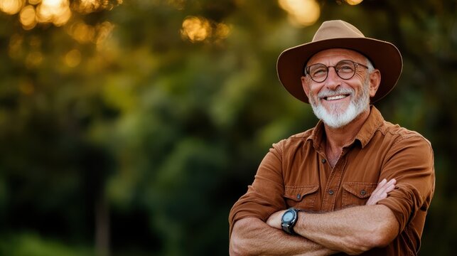 An elderly man with a delightful smile and a stylish hat exudes confidence and wisdom, set against a beautiful natural backdrop that radiates warmth and happiness.