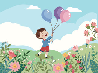 cute boy holding balloons in hand and feeling happy