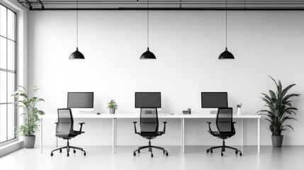 Modern Minimalist Workspace with Computers and Indoor Plants for Productive Environment
