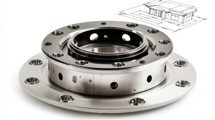 Precision Engineered Metal Component with Technical Blueprint Background in Studio