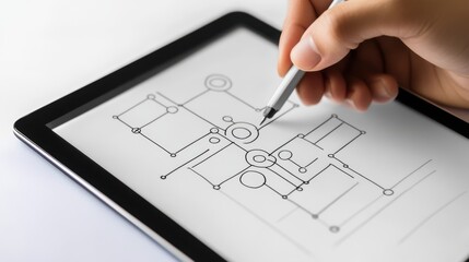 Hand Holding Pen Drawing Flowchart on Digital Tablet with Touchscreen Interface