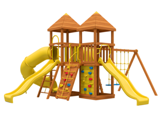 Wooden playground structure with slides and climbing features isolated on transparent background