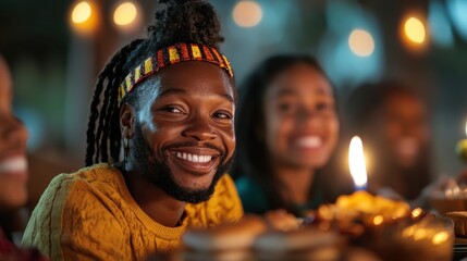 Fototapeta premium A joyful man wearing a colorful sweater smiles at the camera during a festive gathering, surrounded by warm lights and happy faces, conveying a sense of community and celebration.