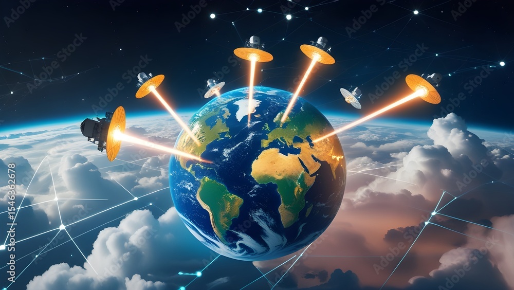 Wall mural futuristic isometric illustration of earth with multiple satellites orbiting, each sending glowing d