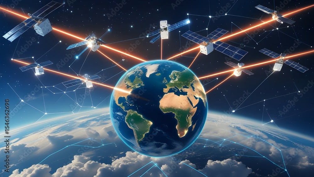 Wall mural futuristic isometric illustration of earth with multiple satellites orbiting, each sending glowing d