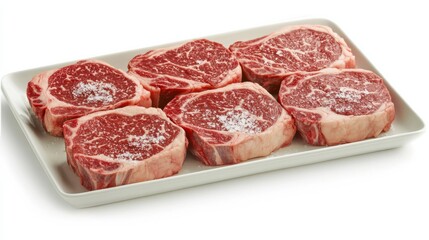 Freshly Cut Ribeye Steaks Ready for Grilling or Cooking on White Serving Platter