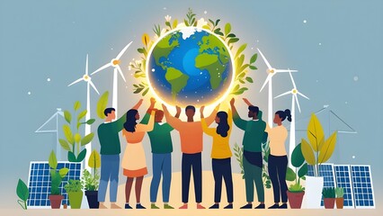 Flat vector illustration of people from different countries holding a glowing Earth together with plants, wind turbines, and solar panels around it. Use diverse clothing styles and eco-friendly color