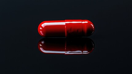 Shiny Red Capsule Isolated on Black Background with Reflections