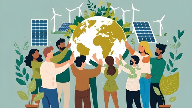 Flat vector illustration of people from different countries holding a glowing Earth together with plants, wind turbines, and solar panels around it. Use diverse clothing styles and eco-friendly color  - Powered by Adobe