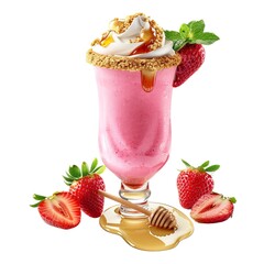 Highdefinition image of pink smoothie in fancy glass surrounded by strawberries and cream cheese on white background