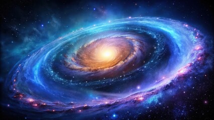 A stunning astronomical image of a spiral galaxy with bright blue and purple hues