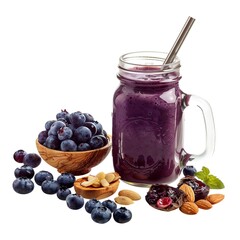 Realistic purple blueberry smoothie with almonds and honey scene