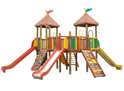 Wooden playground structure with slides and climbing features isolated on transparent background