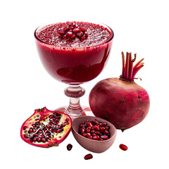 Rich red smoothie in coupe glass with pomegranate on white