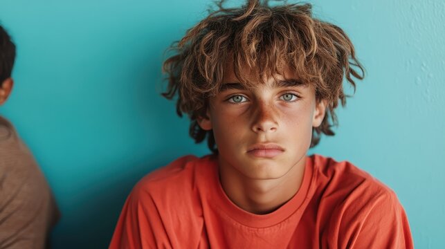 A contemplative teenage boy with curly hair is seated against a colorful backdrop, showcasing a moment of deep thought, introspection, and youthful exploration of identity.