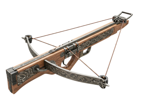 Ornate medieval crossbow isolated on transparent background