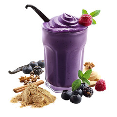 Realistic UHD photo of purple smoothie with berries and vanilla