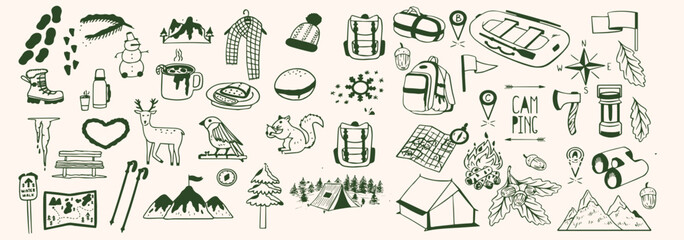 Hand-drawn travel and camping icons set in monochrome style