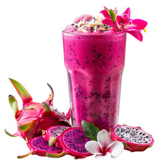 Vibrant magenta smoothie with dragonfruit slices and coconut flakes