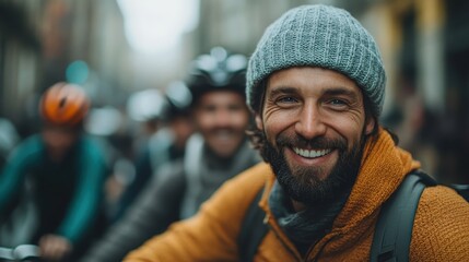 A joyful man with a beard exudes happiness while surrounded by a vibrant biking community, showcasing camaraderie and the spirit of outdoor adventure.