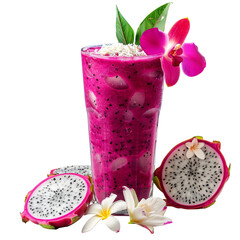 Vibrant magenta smoothie with dragonfruit slices and coconut flakes