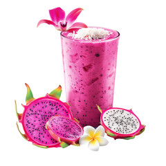 Vibrant magenta smoothie with dragonfruit slices and coconut flakes