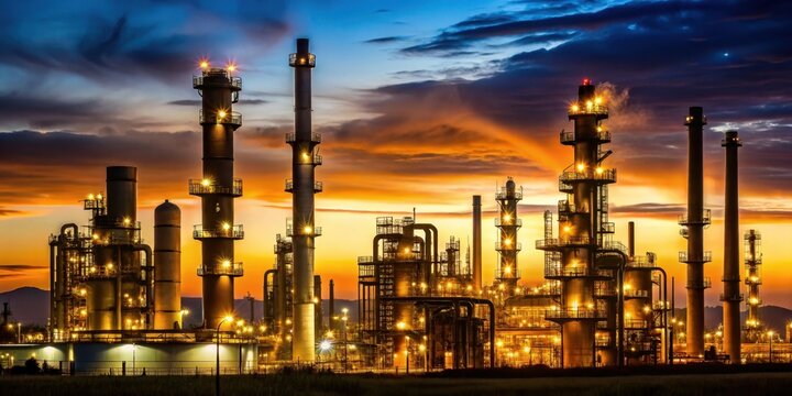 Silhouette of oil refinery PCK Schwedt against a dark sky at night with Russian oil pipe druschba in the foreground