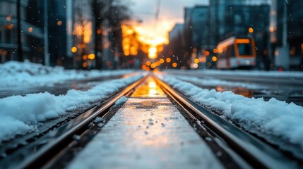 Fototapeta premium A serene view of tram tracks leading into a glowing winter sunset, surrounded by freshly fallen snow and a bustling urban backdrop highlighted by twinkling lights.