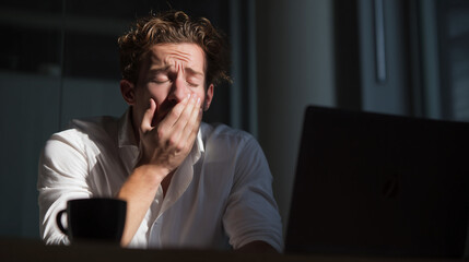 A male employee yawning at his office desk from fatigue and sleepiness. Captures tiredness, overwork, and low energy in a modern workplace environment.