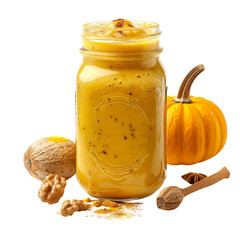 Realistic UHD photo of warm orange smoothie in mason jar