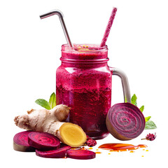 Vibrant magentared smoothie in mason jar with ingredients