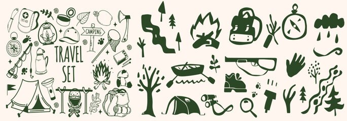 Hand-drawn travel and camping icons set in monochrome style