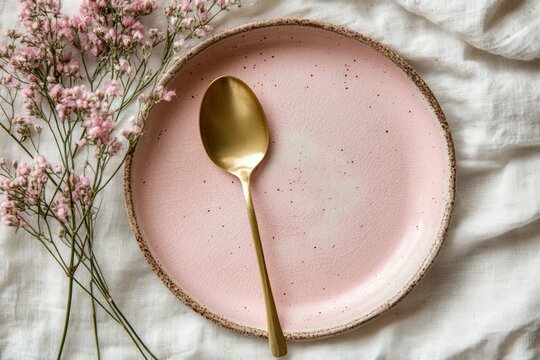 Pink plate with gold spoon and delicate pink flowers on a textured white linen tablecloth.