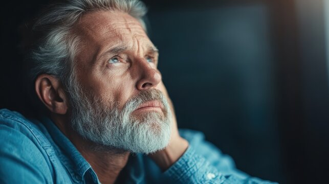 A thoughtful senior man gazes upward with a reflective expression, embodying wisdom and introspection, set against a softly lit background that adds depth to his gaze.