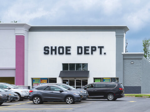 New Hartford, NY - Jun 20, 2025: Closeup of Shoe Dept. storefront, an American footwear retailer based in Concord, North Carolina and has 63 years of experience. Shoe Dept. is owned by Shoe Show, Inc.