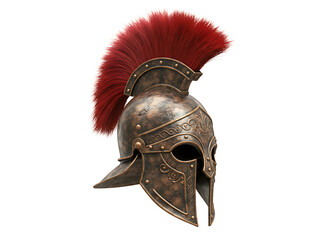 Ancient greek corinthian helmet with red crest isolated on transparent background