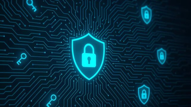 A futuristic illustration of digital security featuring a shield symbol and circuit patterns. This image represents cybersecurity concepts and modern technology innovations.