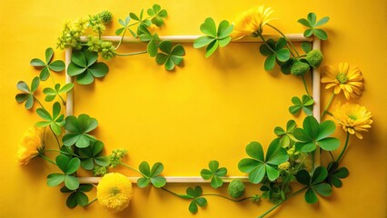 Fototapeta premium A vibrant yellow flower arrangement is placed within a lush green shamrock frame against a bright yellow background