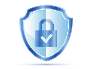 Blue Shield with Locked Padlock and Checkmark for Digital Security
