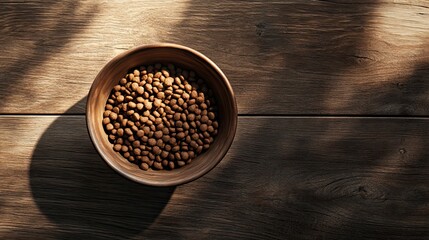 Dog food in a bowl on a wooden surface