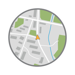 City minimap navigation, GPS navigator. Simple realistic map with small town, forest, river and player arrow in the center. Game like UI overlay with mini map and HUD radar navigator.
