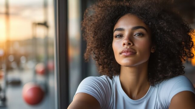 A striking selfie of a confident young woman in a gym, showcasing her determination and strength as she embraces a healthy lifestyle with an inspiring backdrop of fitness equipment.