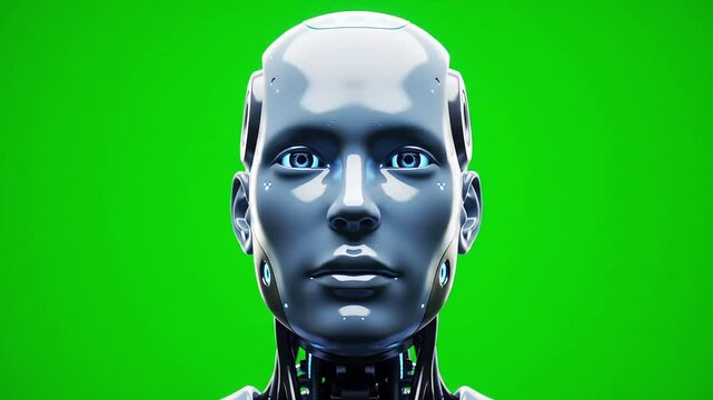 Futuristic humanoid AI robot head on solid chroma green background (#00FF00), centered, isolated, detailed, no other objects or distractions.


