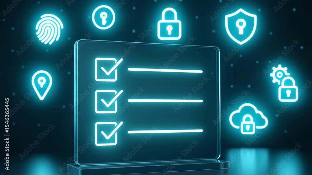 Poster a futuristic digital checklist on a transparent display, surrounded by various security icons like l